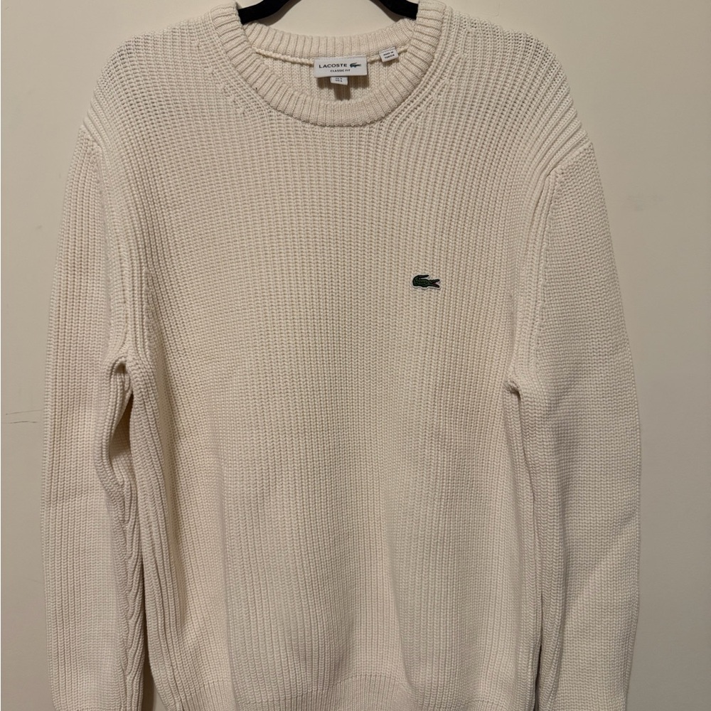 Lacoste Men's Cream Crewneck Sweater with Green Crocodile Logo